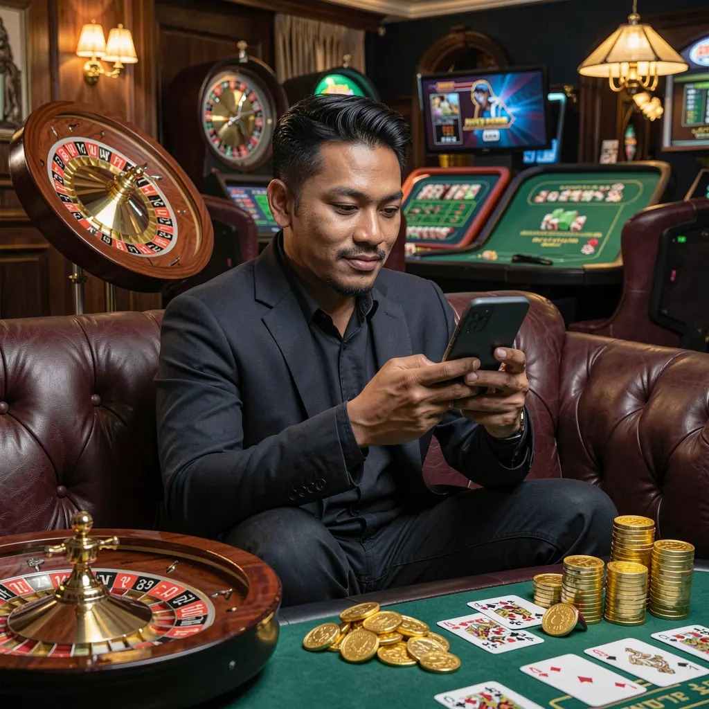 Confident Philippine man sitting on a luxury sofa using the PHIX9 casino app with glowing roulette wheels and gold coins around him