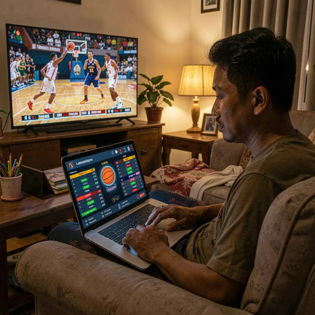 Focused Filipino sports bettor analyzing basketball odds on a laptop with the PHIX9 betting interface while watching a live game on TV at home