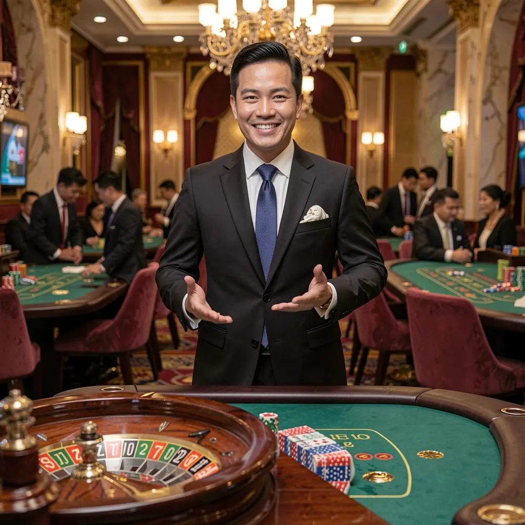 Elegant casino host welcoming players at a roulette table inside a luxurious gaming hall, highlighting the premium live casino experience at PHIX9 for the Philippines market