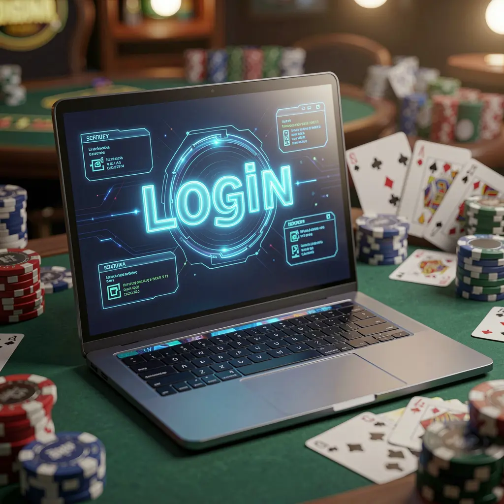 Modern laptop with a glowing login interface surrounded by blurred casino chips and cards representing secure access to PHIX9 for players in the Philippines