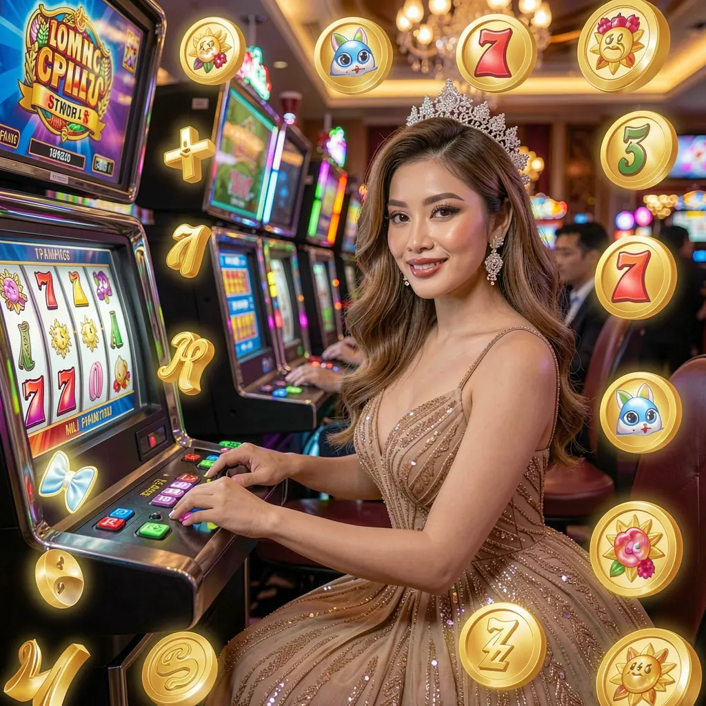 Confident woman in a sparkling gown surrounded by glowing slot symbols representing high quality online slot games at PHIX9 casino in the Philippines